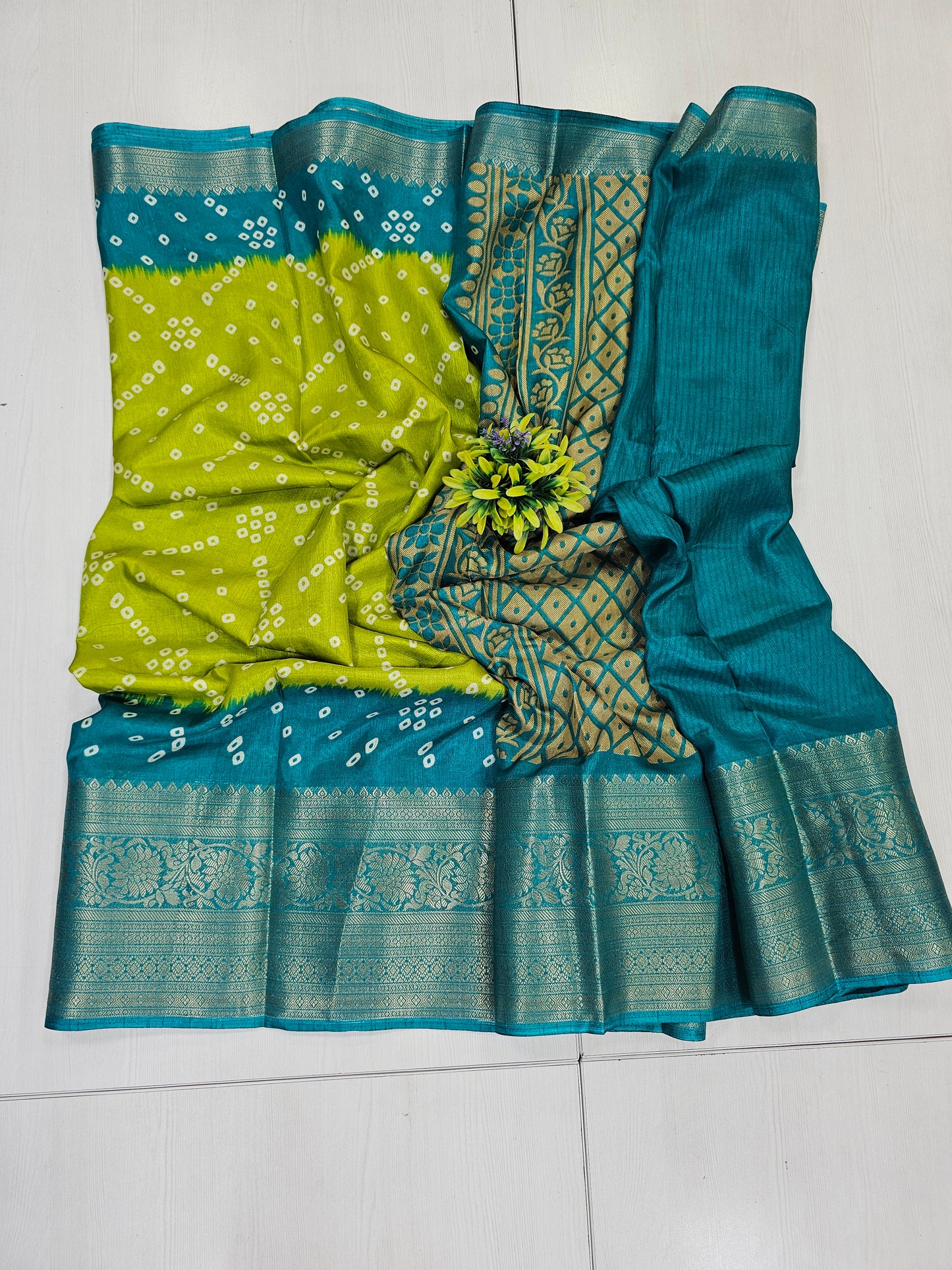 Green & Teal Fancy Bandhini Saree with Woven Border