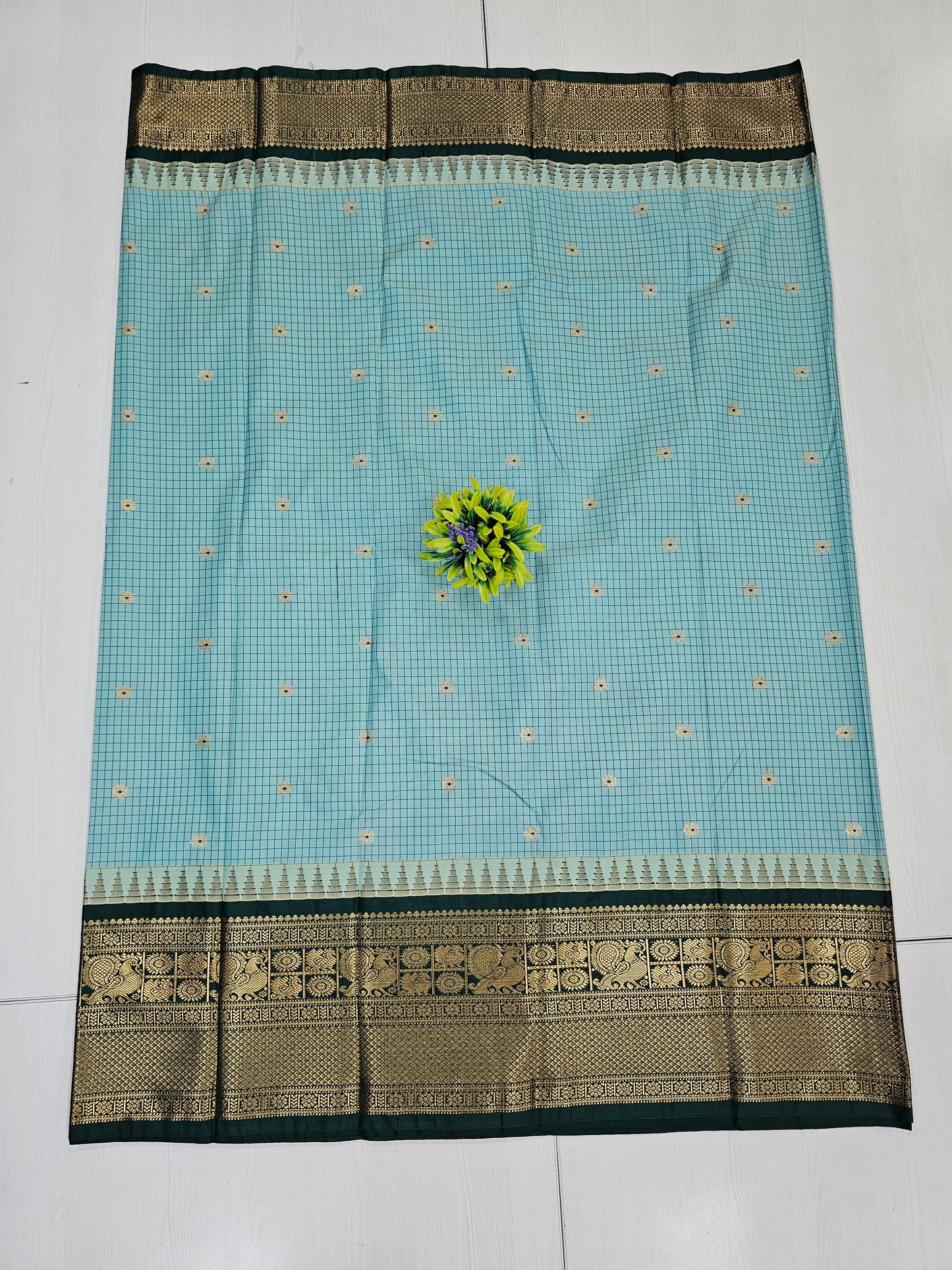 Sea Green Semi Gadwal Check Saree with Bottle Green Zari Border