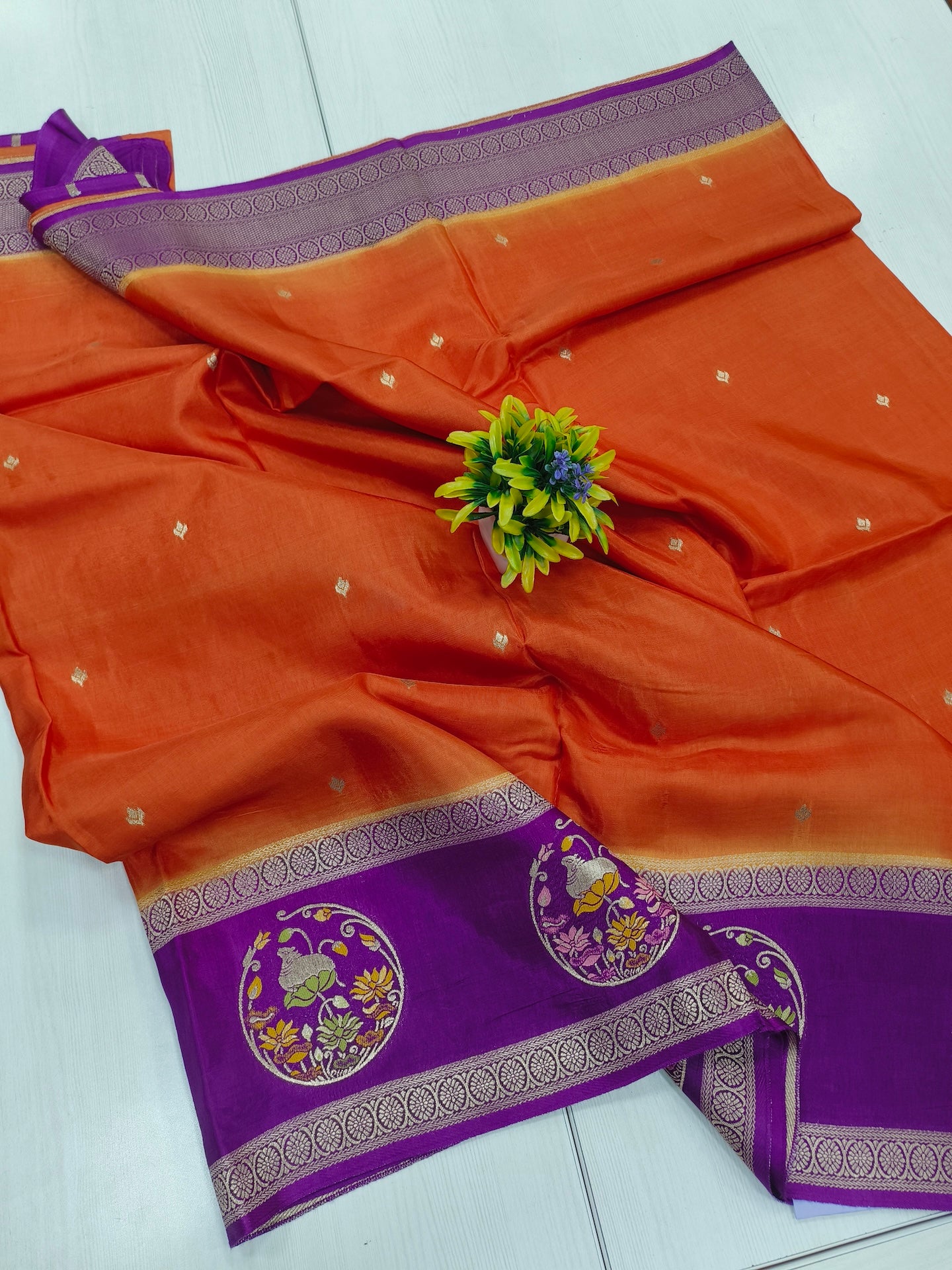 Mango silk designer saree in Rustie orange with contrast pichwai border and pallu and blouse