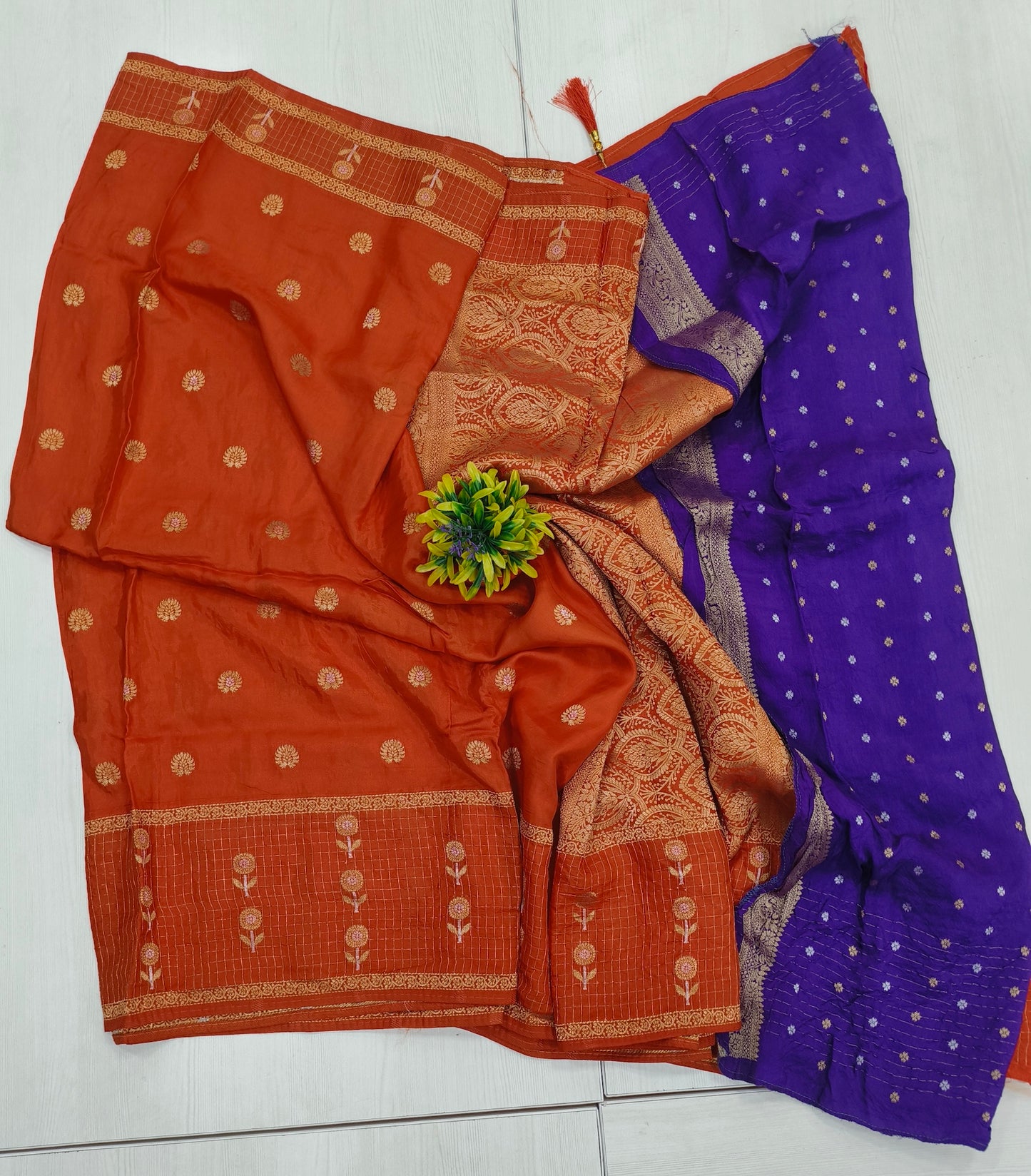 Orange mango silk designer saree with contrast butta blouse with border