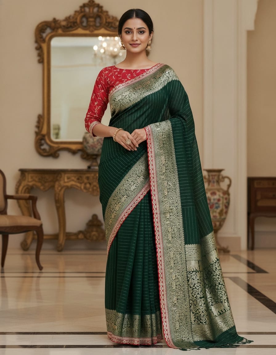 banaras saree with a contrast blouse