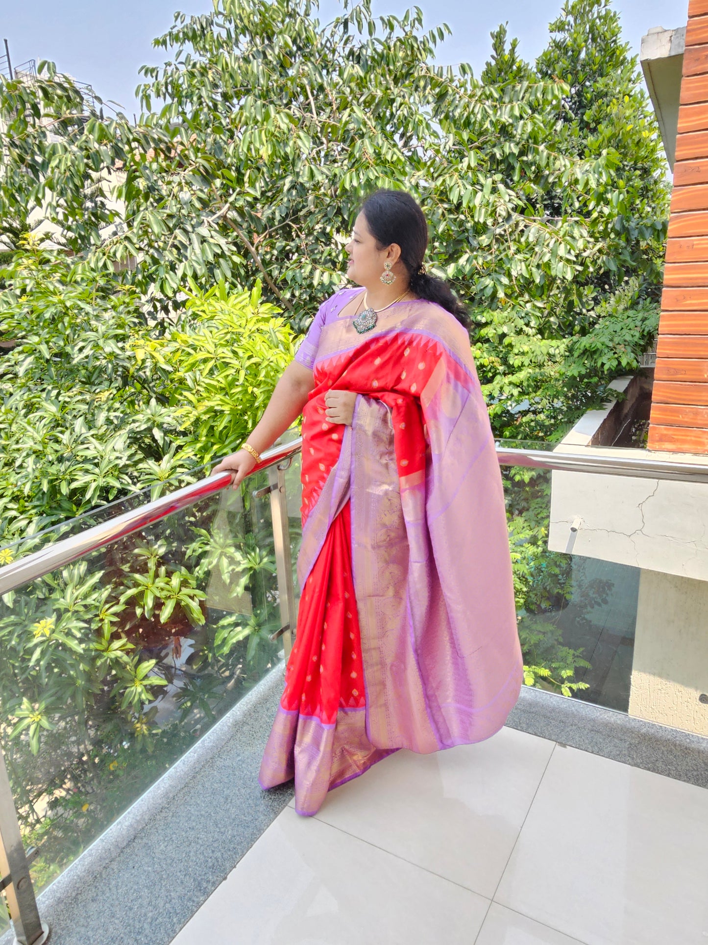 Red & Lavender Semi Gadwal Saree with Zari Border