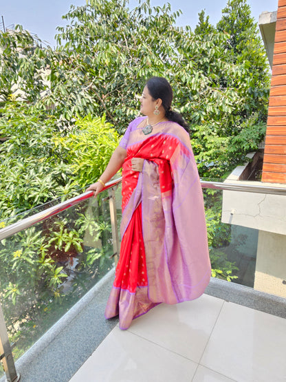 Red & Lavender Semi Gadwal Saree with Zari Border