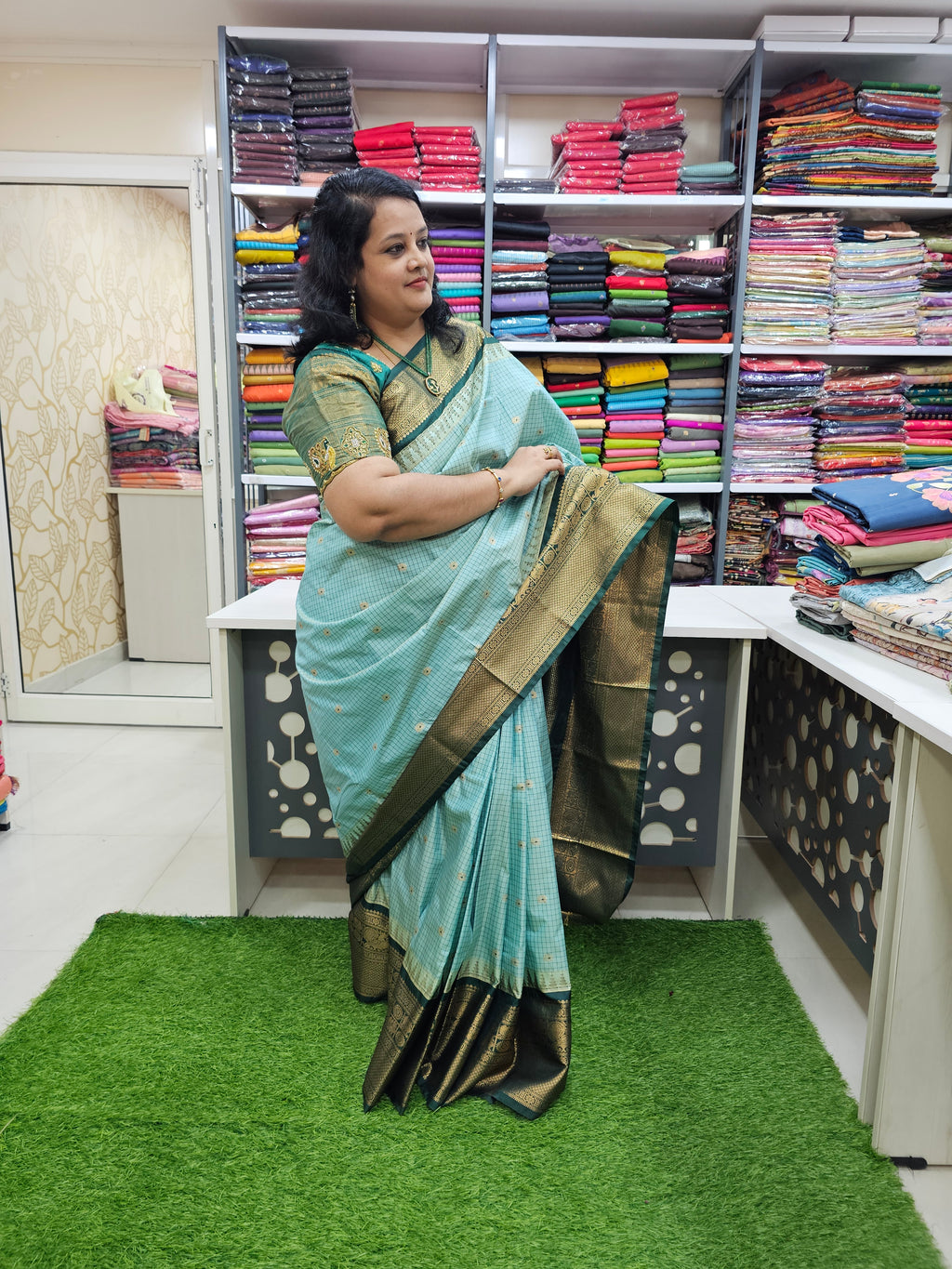 Sea Green Semi Gadwal Check Saree With Bottle Green Zari Border