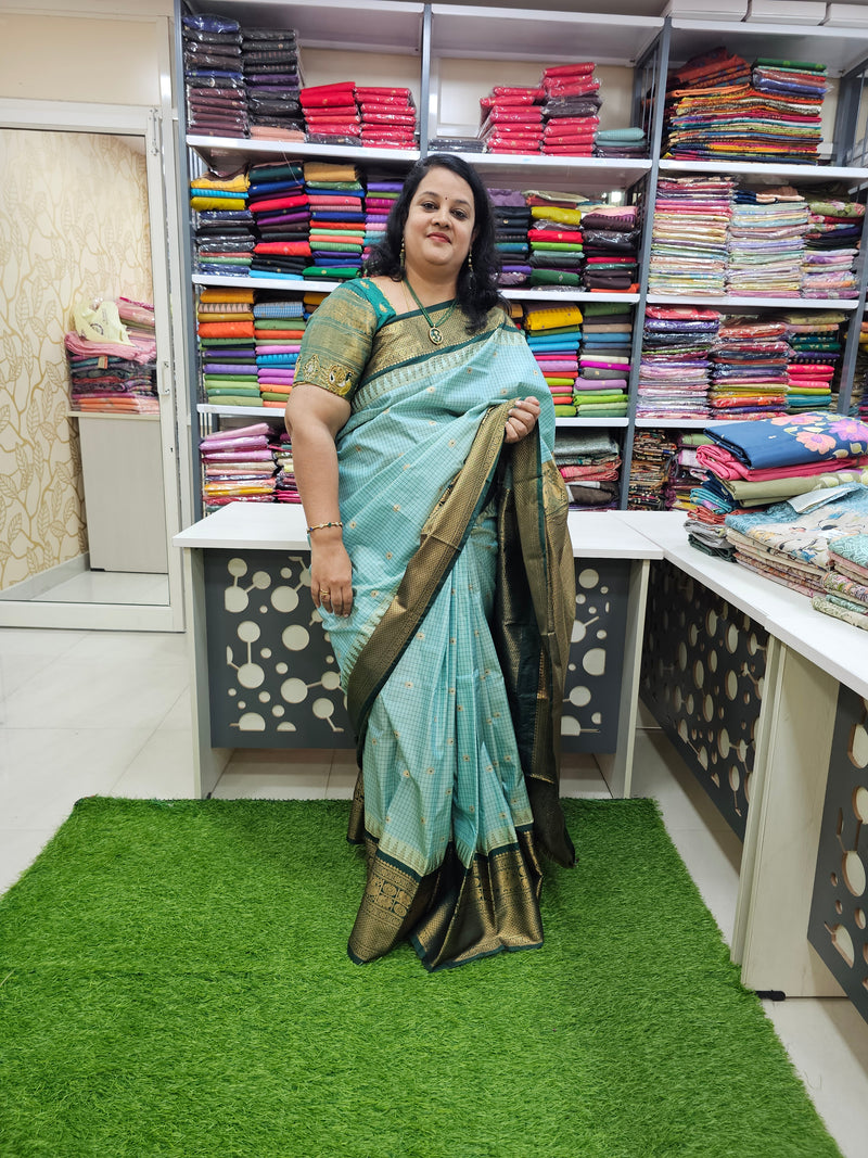 Sea Green Semi Gadwal Check Saree With Bottle Green Zari Border