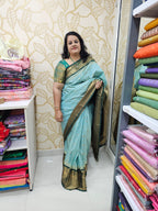 Sea Green Semi Gadwal Check Saree With Bottle Green Zari Border