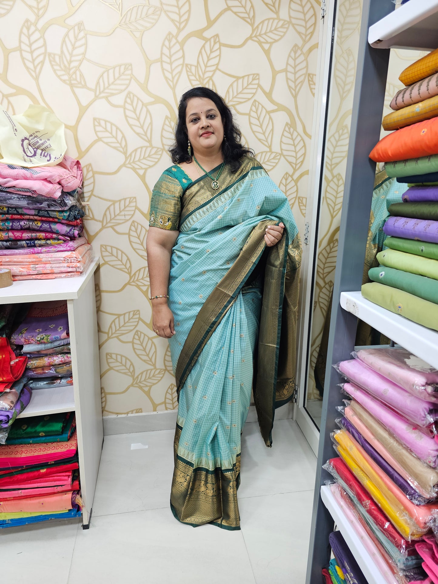 Sea Green Semi Gadwal Check Saree with Bottle Green Zari Border