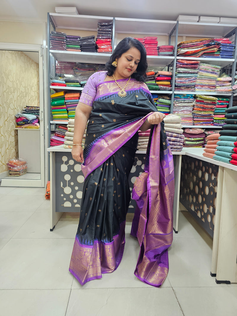 Black & Lavender Semi Gadwal Saree With Zari Border