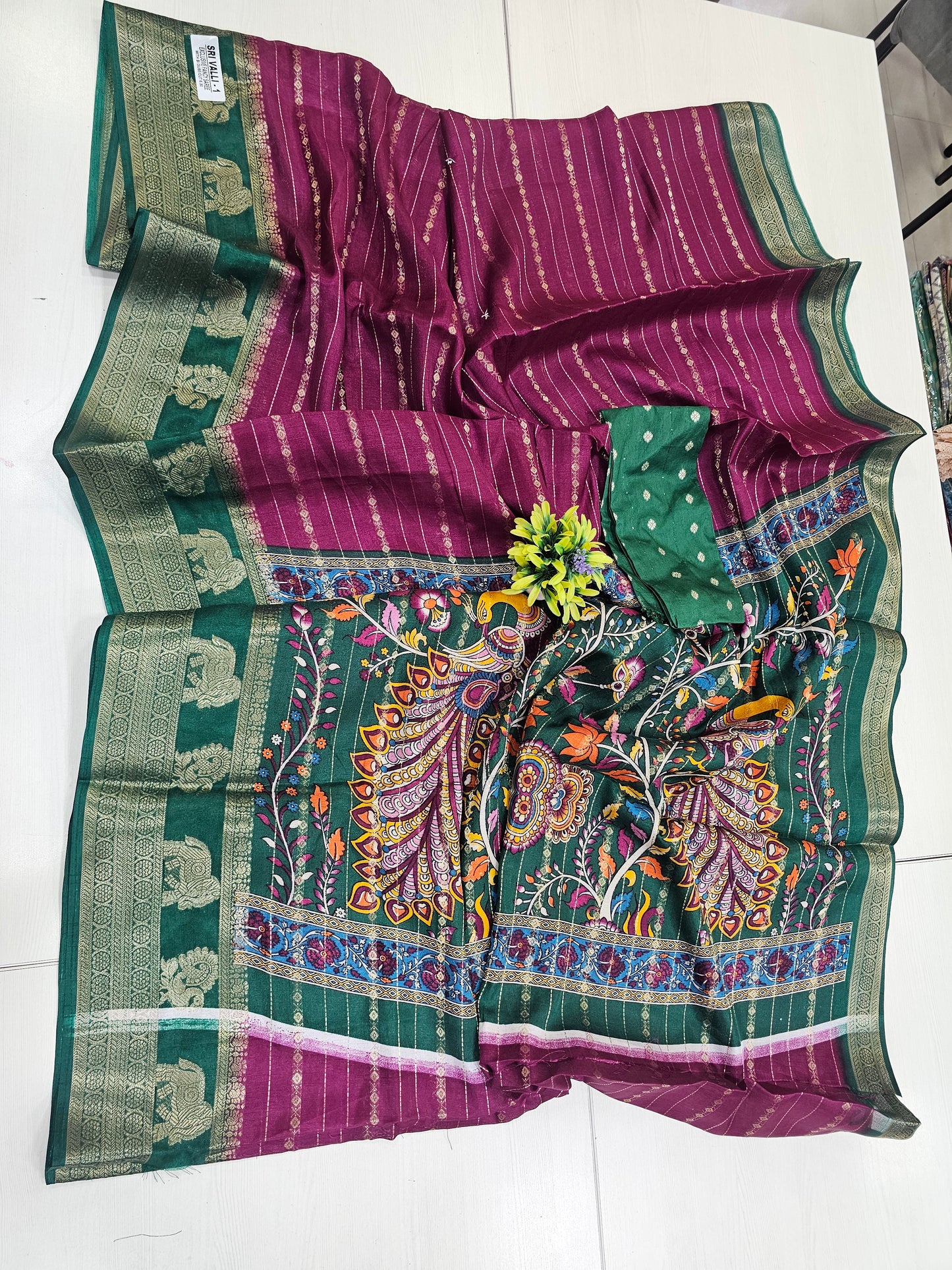 Purple & Green Semi Dola Office Wear Saree with Woven Border / gifting saree