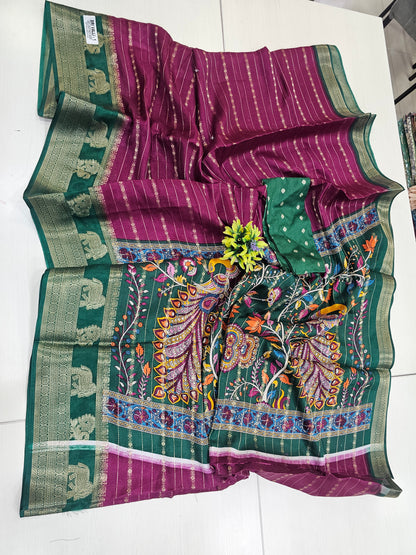 Purple & Green Semi Dola Office Wear Saree with Woven Border / gifting saree