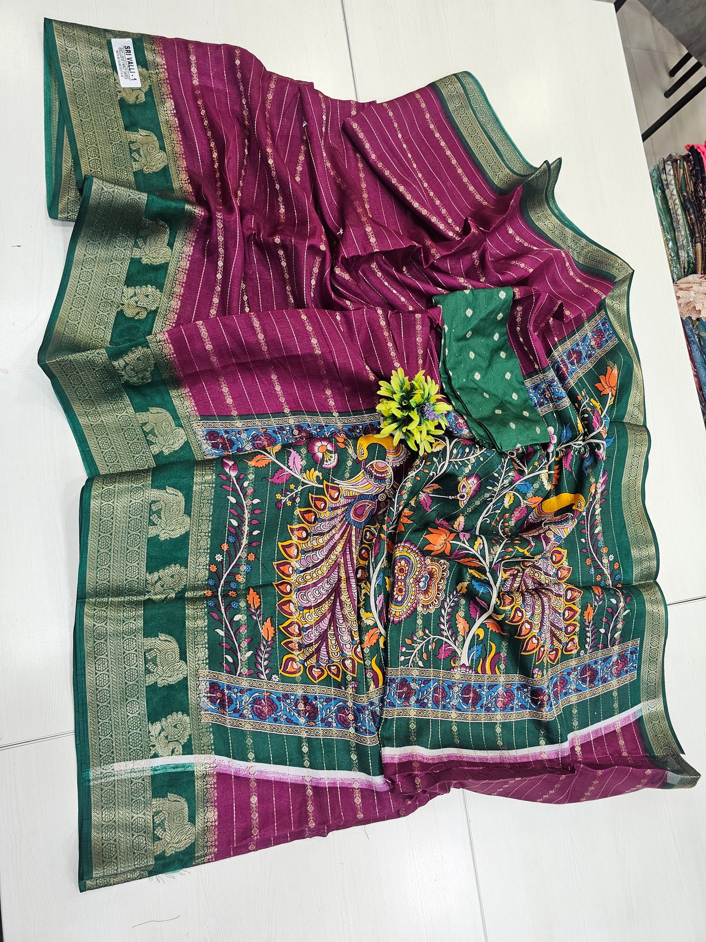Purple & Green Semi Dola Office Wear Saree with Woven Border / gifting saree