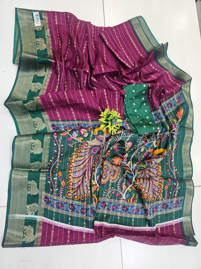 Purple & Green Semi Dola Office Wear Saree with Woven Border / gifting saree