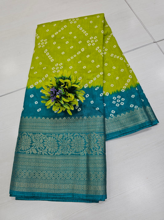 Green & Teal Fancy Bandhini Saree with Woven Border