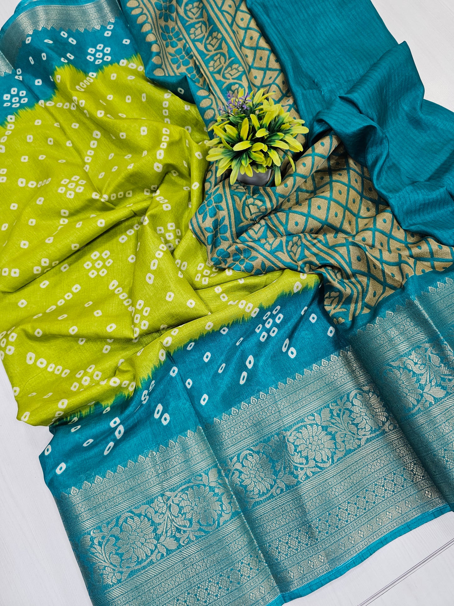 Green & Teal Fancy Bandhini Saree with Woven Border