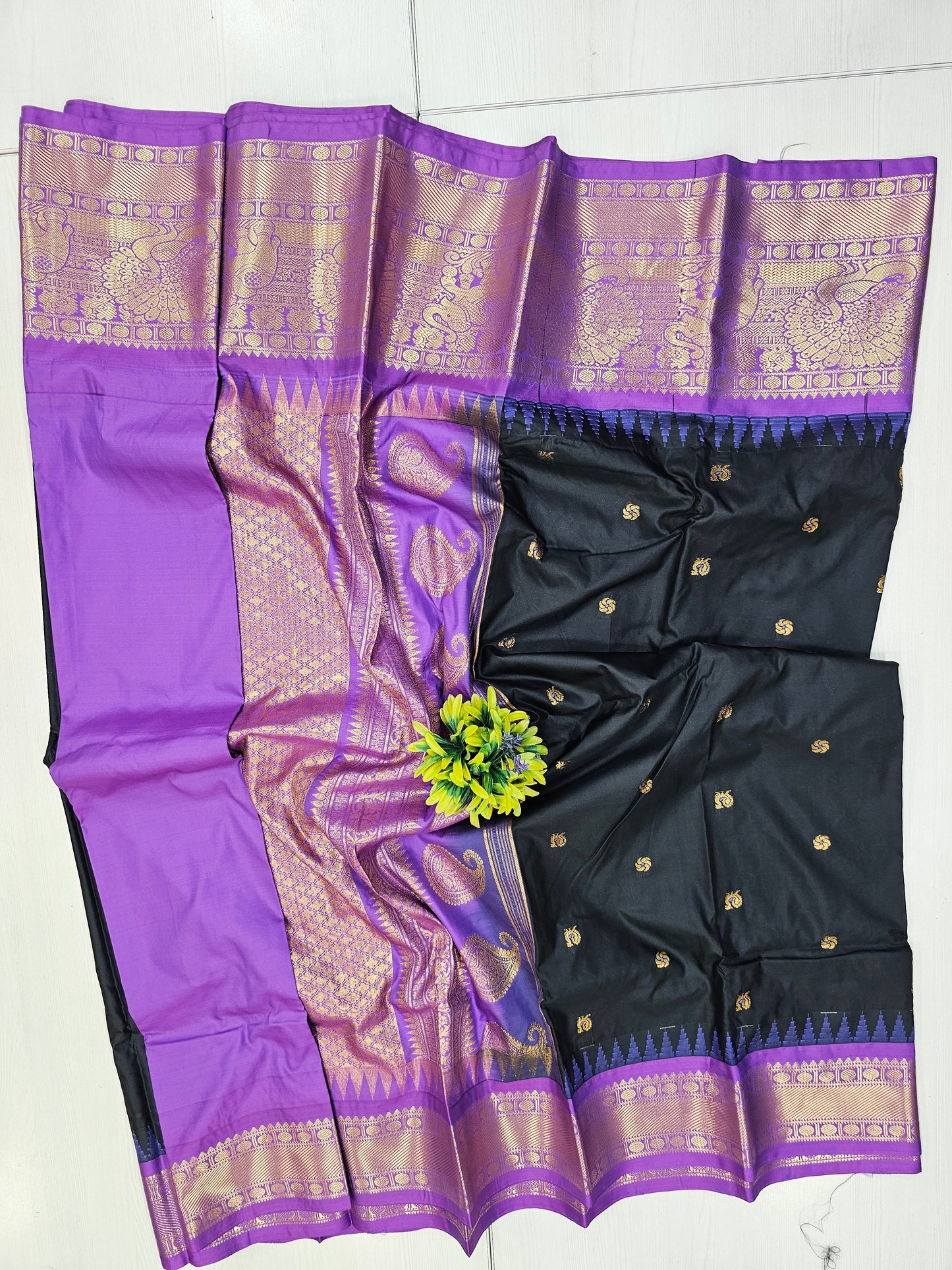 Black & Lavender Semi Gadwal Saree with Zari Border
