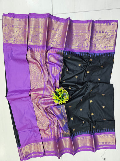 Black & Lavender Semi Gadwal Saree with Zari Border