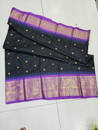 Black & Lavender Semi Gadwal Saree with Zari Border