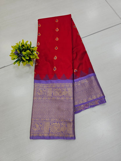 Red & Lavender Semi Gadwal Saree with Zari Border