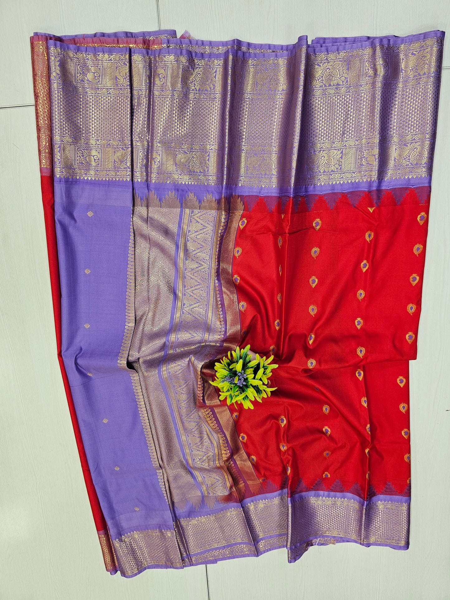 Red & Lavender Semi Gadwal Saree with Zari Border
