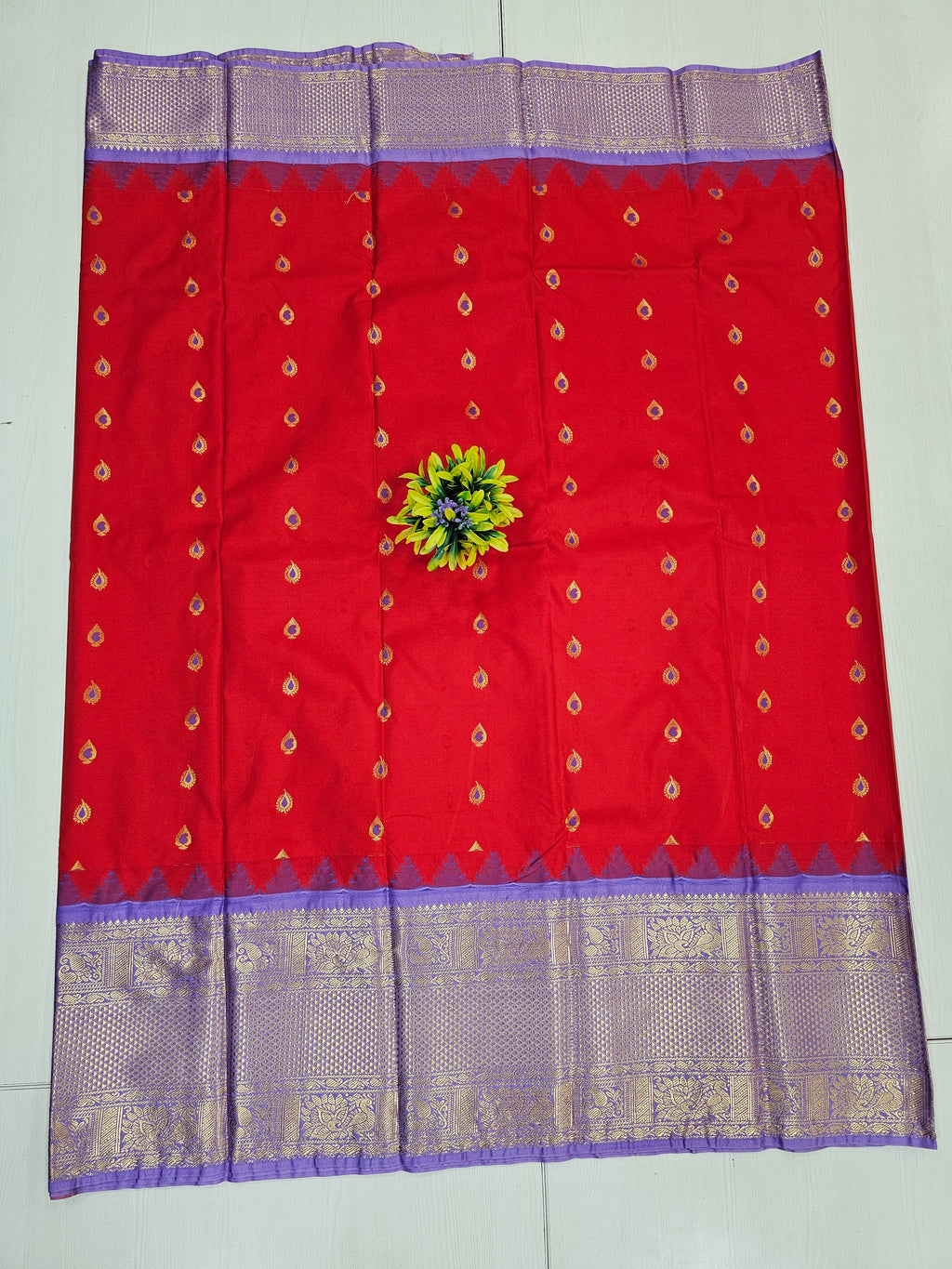 Red & Lavender Semi Gadwal Saree With Zari Border