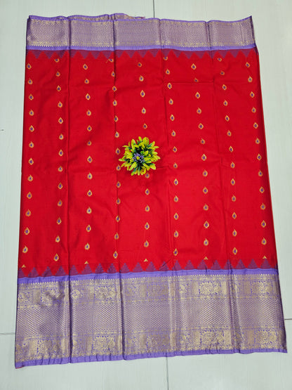 Red & Lavender Semi Gadwal Saree with Zari Border