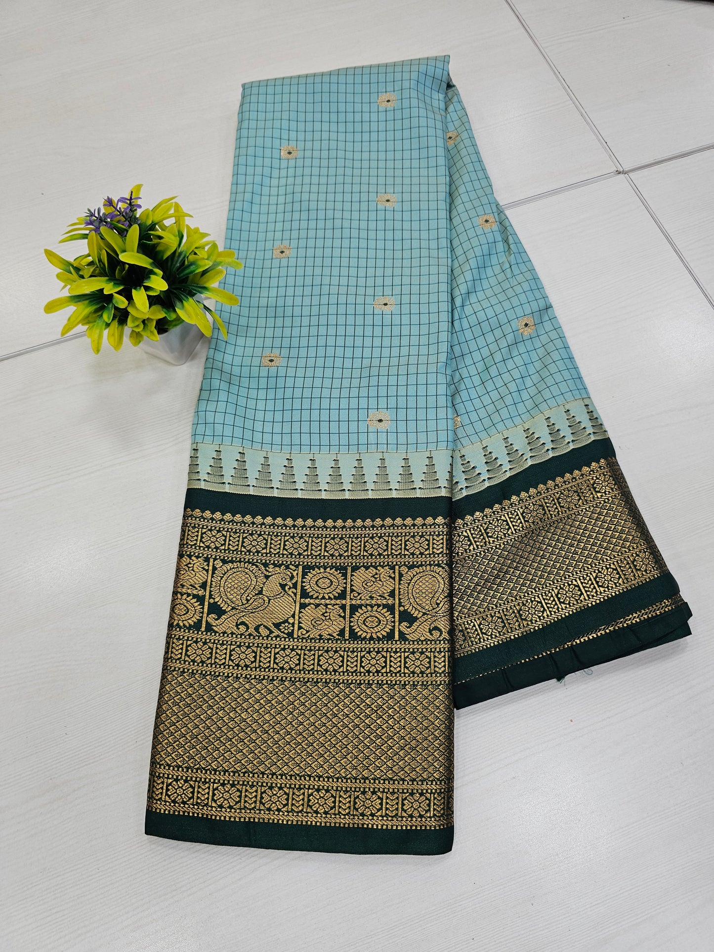 Sea Green Semi Gadwal Check Saree with Bottle Green Zari Border