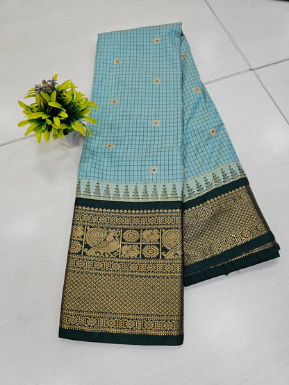 Sea Green Semi Gadwal Check Saree with Bottle Green Zari Border