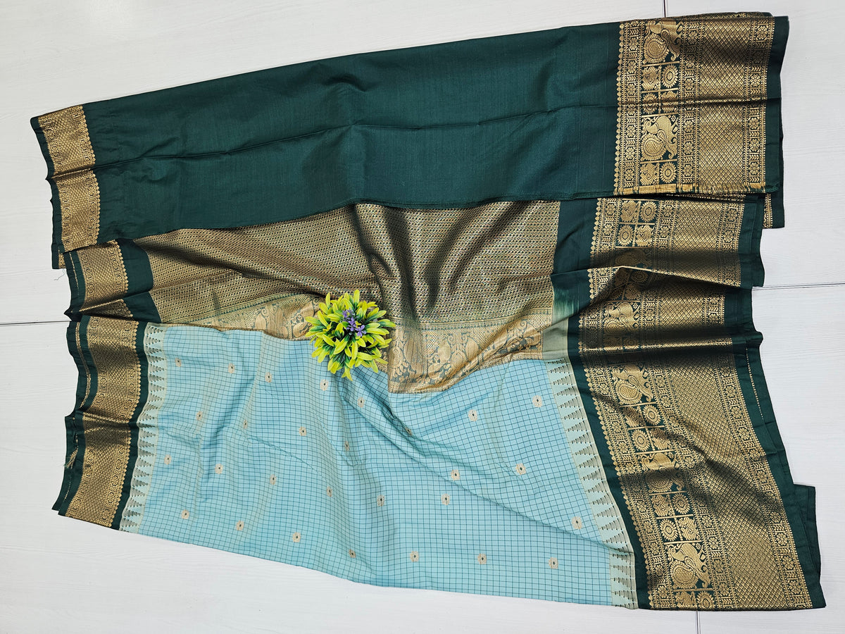 Sea Green Semi Gadwal Check Saree With Bottle Green Zari Border