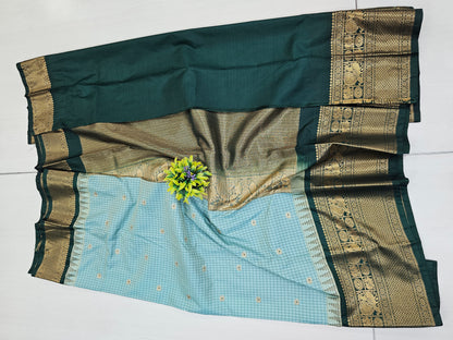 Sea Green Semi Gadwal Check Saree with Bottle Green Zari Border