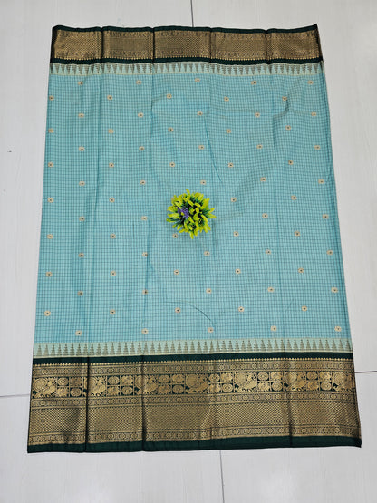 Sea Green Semi Gadwal Check Saree with Bottle Green Zari Border
