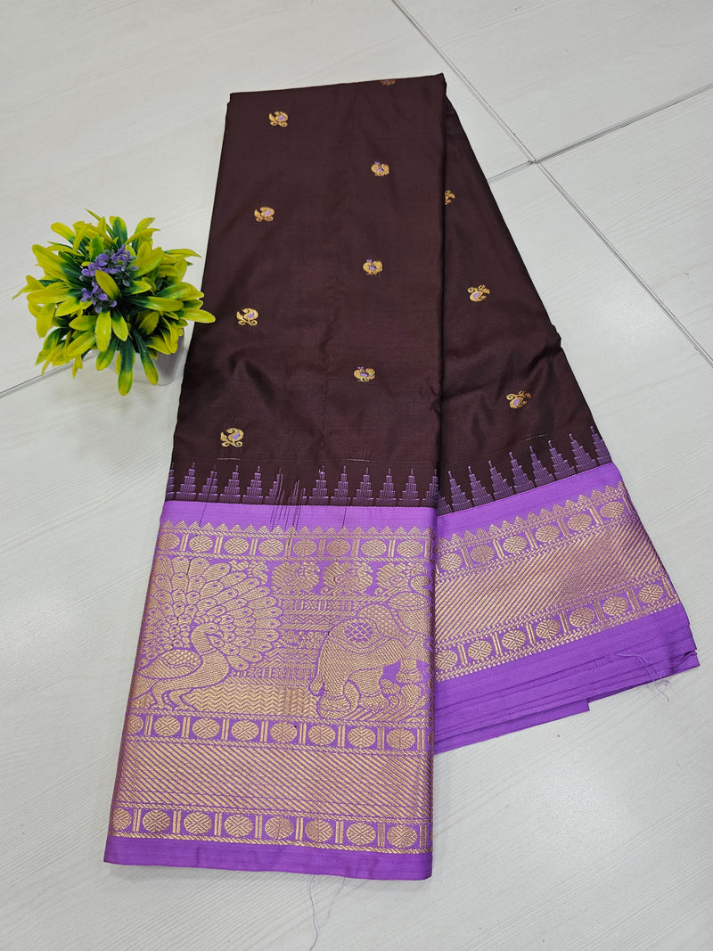 Brown & Lavender Semi Gadwal Saree With Zari Border