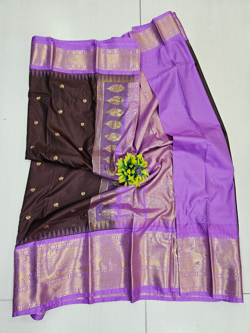 Brown & Lavender Semi Gadwal Saree With Zari Border