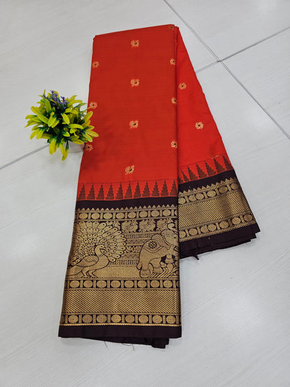 Semi Gadwal Rusty Orange Saree with Rich Brown Zari Border