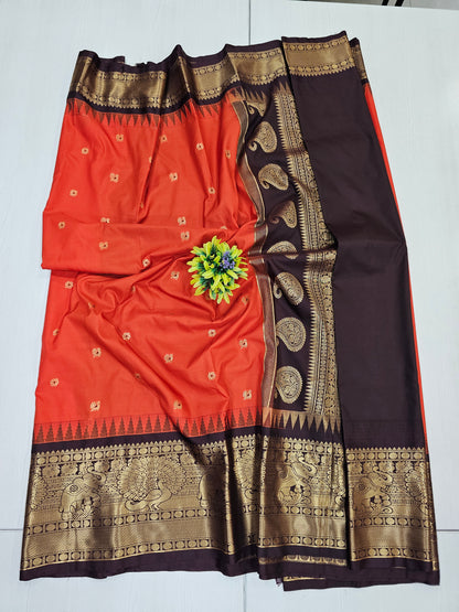 Semi Gadwal Rusty Orange Saree with Rich Brown Zari Border
