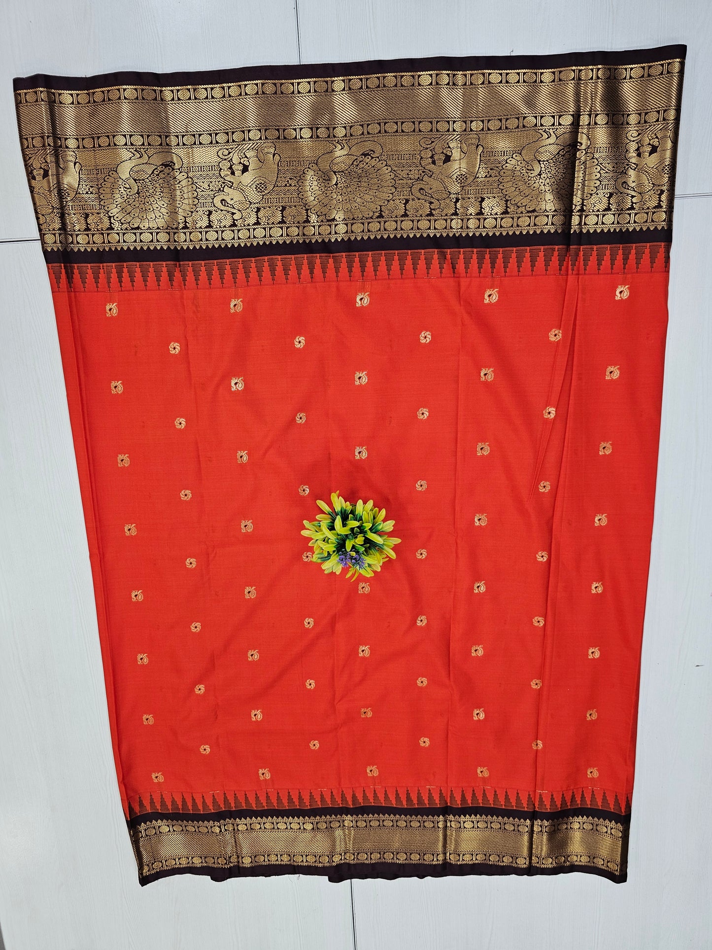 Semi Gadwal Rusty Orange Saree with Rich Brown Zari Border