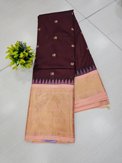 Semi Gadwal Brown & Peach Saree with Rich Contrast Pallu and Blouse