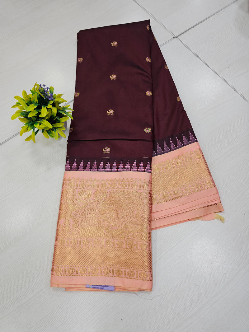Semi Gadwal Brown & Peach Saree With Rich Contrast Pallu And Blouse