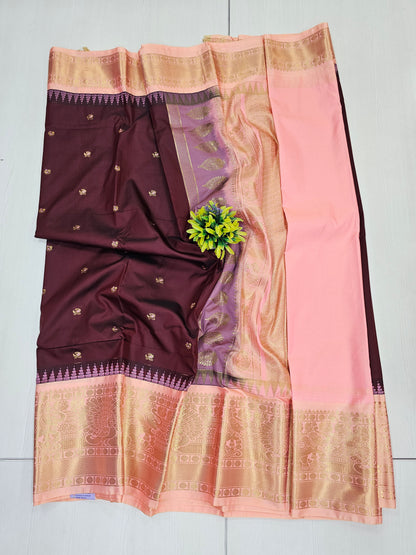Semi Gadwal Brown & Peach Saree with Rich Contrast Pallu and Blouse