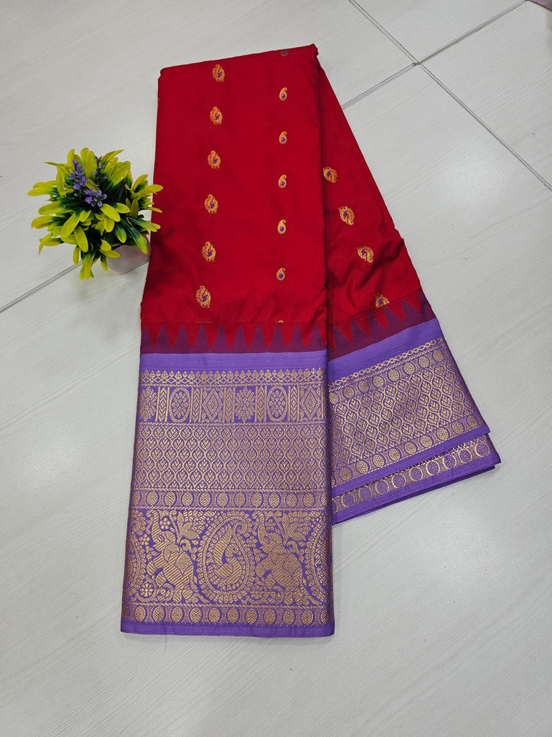 Semi Gadwal Red & Lavender Zari Border Saree