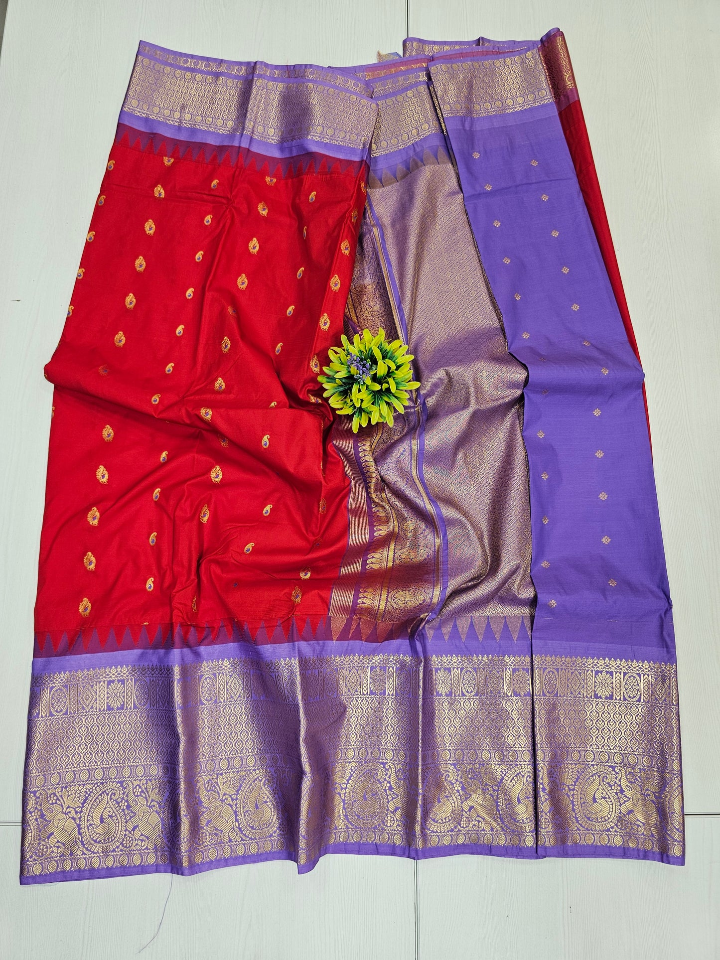 Semi Gadwal Red & Lavender Zari Border Saree