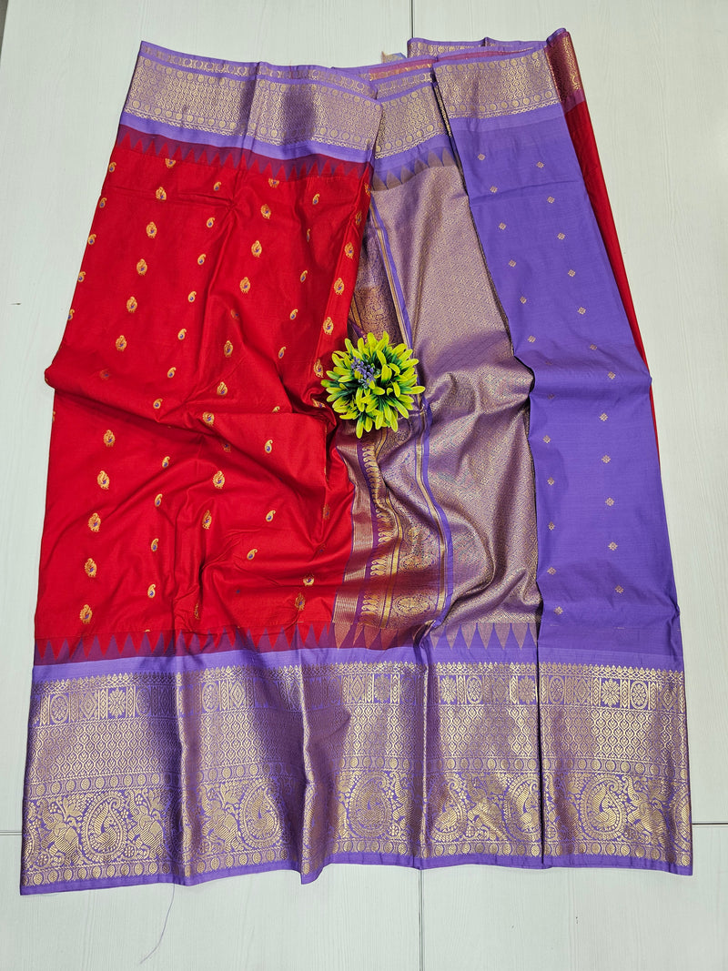 Semi Gadwal Red & Lavender Zari Border Saree