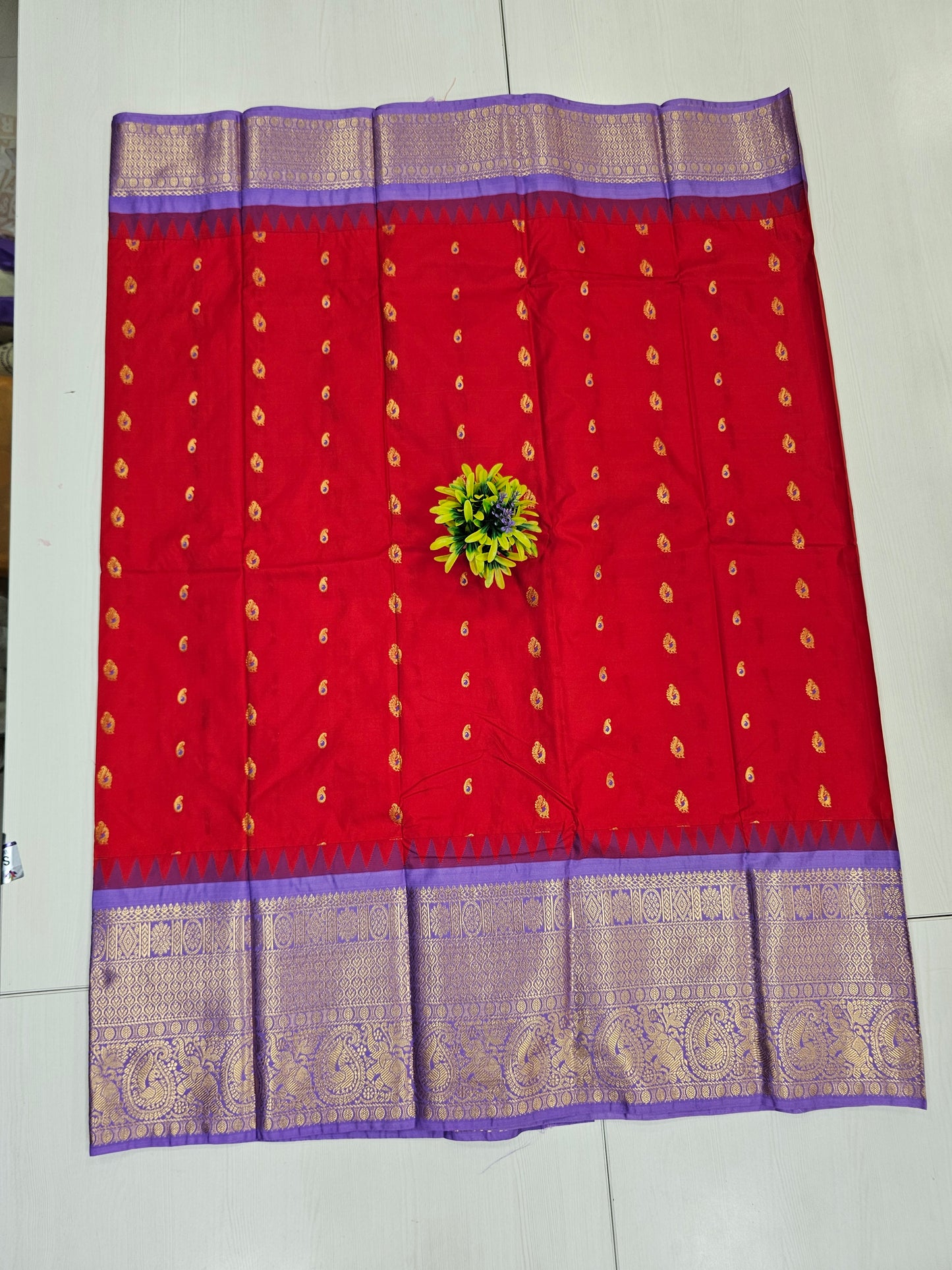 Semi Gadwal Red & Lavender Zari Border Saree