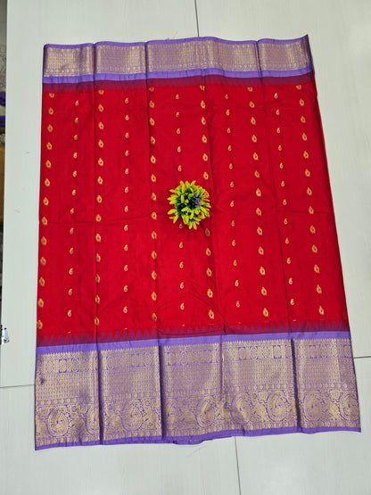 Semi Gadwal Red & Lavender Zari Border Saree