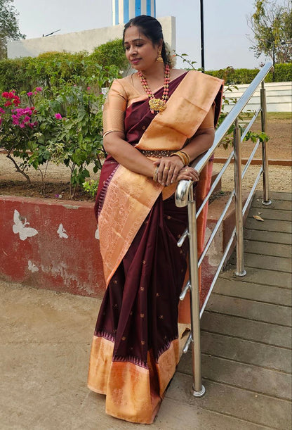 Semi Gadwal Brown & Peach Saree with Rich Contrast Pallu and Blouse