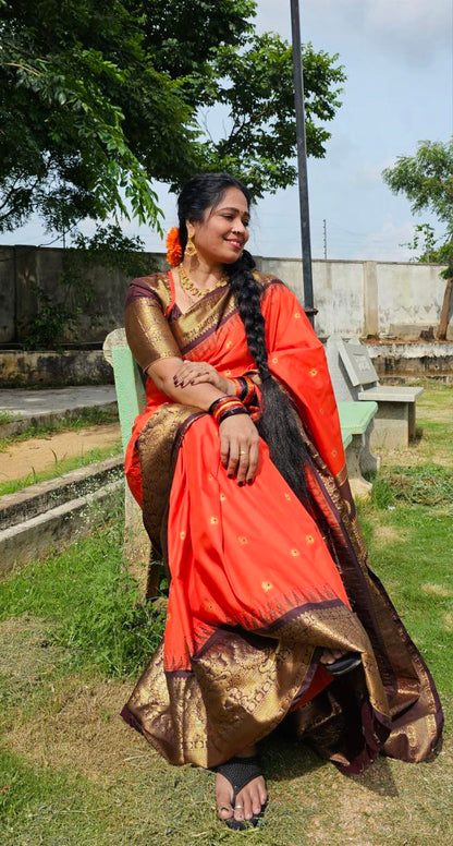 Semi Gadwal Rusty Orange Saree with Rich Brown Zari Border
