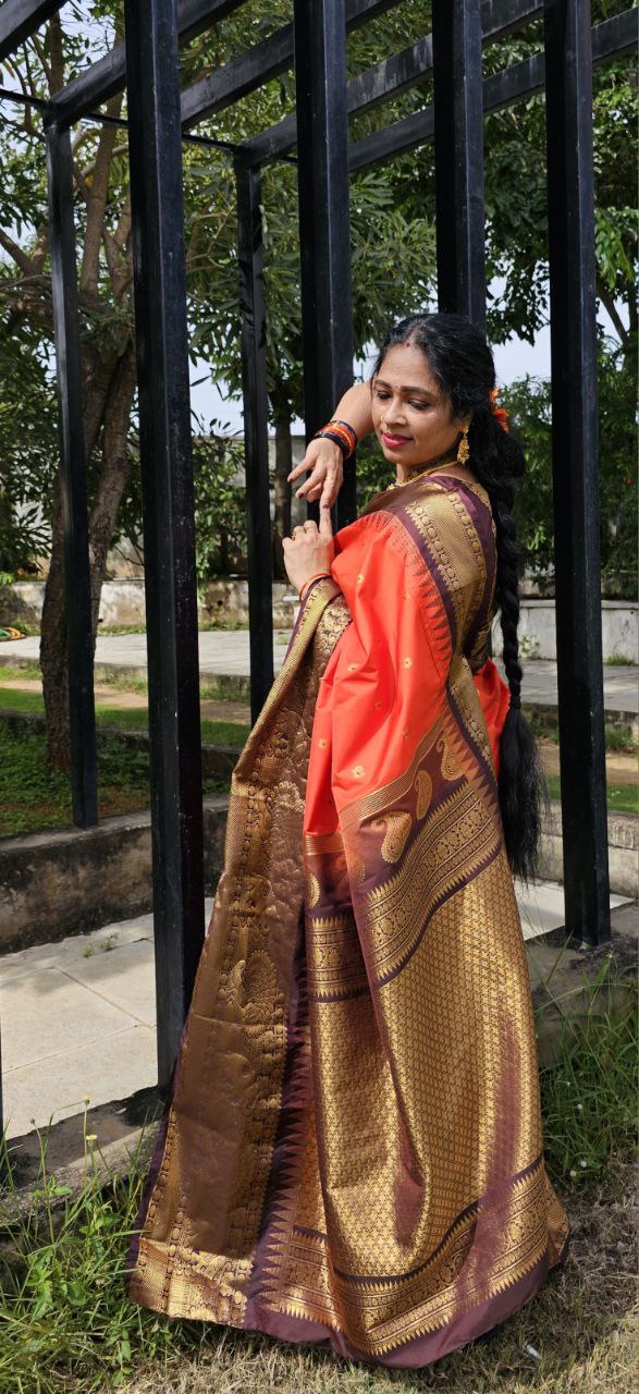 Semi Gadwal Rusty Orange Saree with Rich Brown Zari Border