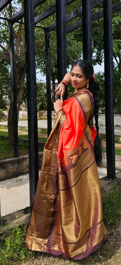 Semi Gadwal Rusty Orange Saree with Rich Brown Zari Border