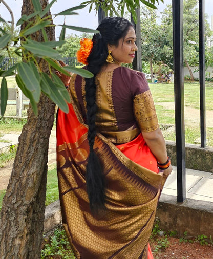 Semi Gadwal Rusty Orange Saree with Rich Brown Zari Border