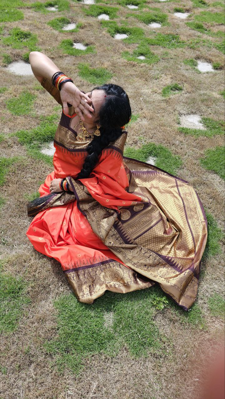 Semi Gadwal Rusty Orange Saree with Rich Brown Zari Border