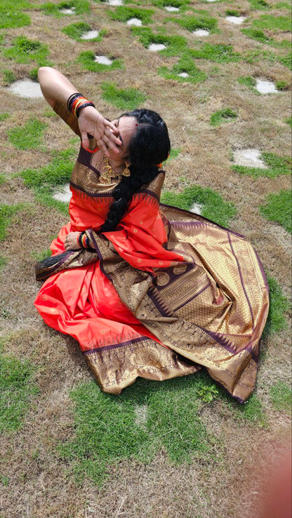 Semi Gadwal Rusty Orange Saree with Rich Brown Zari Border